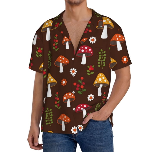 Balery Woodland Mushroom Camisa Casual de Manga Corta con Botones para Hombre, Texturizada, Estilo Cubano, para Playa, Verano-4X-Large