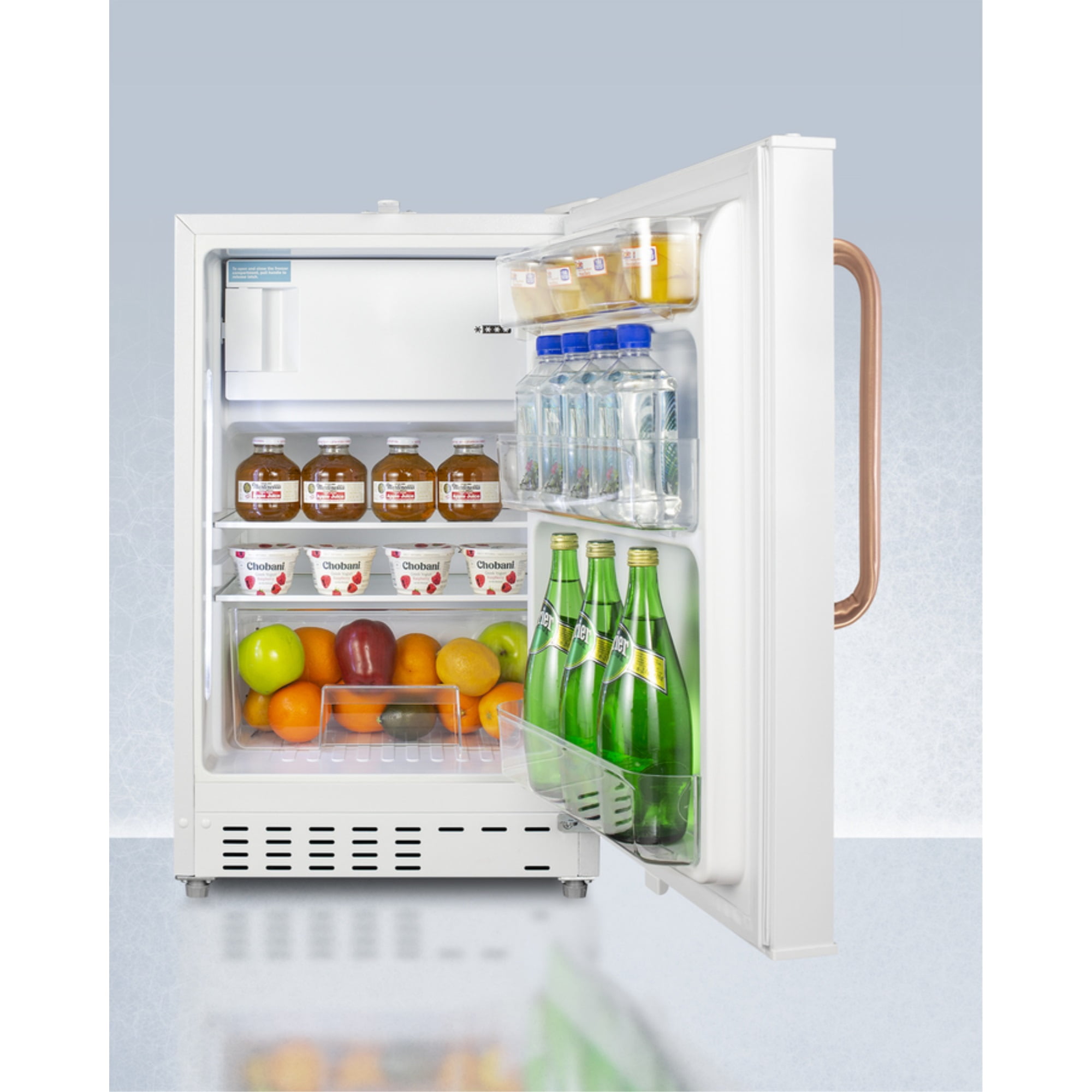 20" wide built-in undercounter ADA compliant refrigerator-freezer with a front lock and copper handle