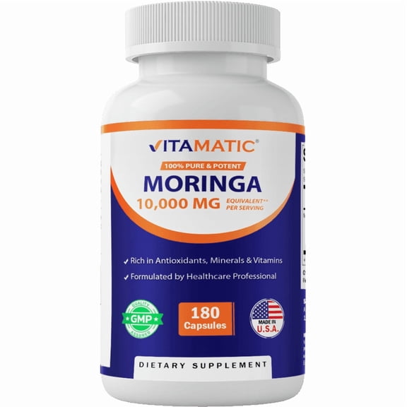 Vitamatic Moringa Capsules 10,000mg - 180 Capsules | Pure Moringa Oleifera Leaf Powder Supplement