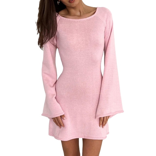 Gupgi Women Knitted Dress Solid Color Backless Long Sleeve Casual Loose Mini Dress