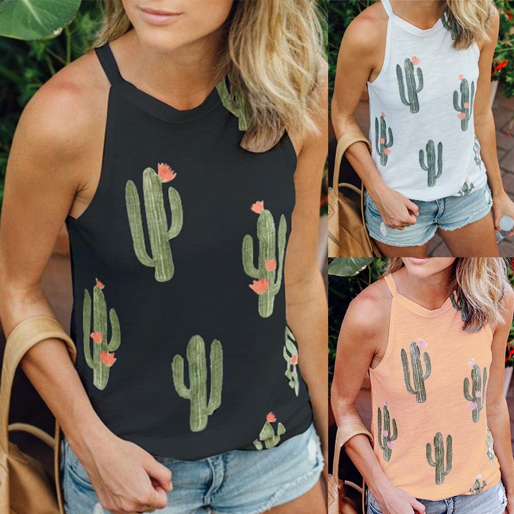 FUNOC Women Cactus Print Casual Loose Sleeveless Camisole T-Shirt Top Blouse