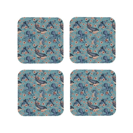 

Tideii Underwater Animals and Flowers for Leather Coasters 4 Pieces Anti-fouling and Anti-scalding Decorative Coasters Suitable for Restaurants Kitchens Coffee Shops-Square