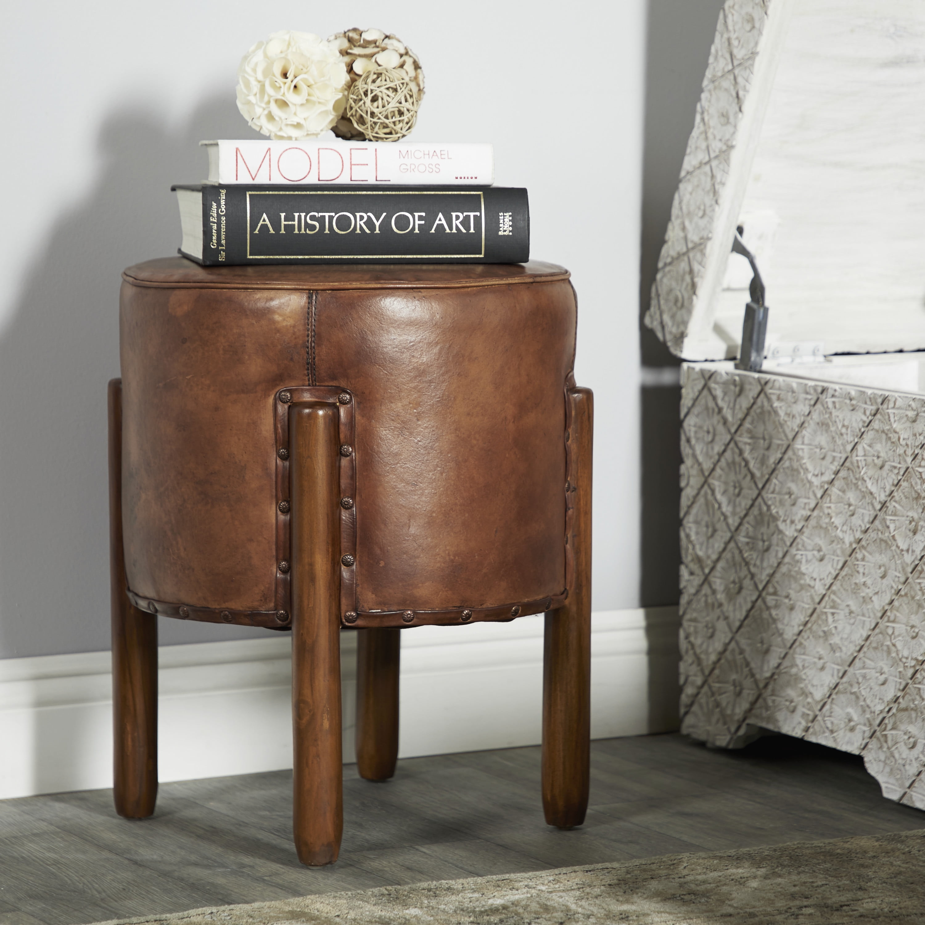 DecMode Traditional  Caramel Brown Upholstered Leather Stool, 17"W x 20"H