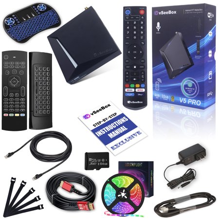 2025 vSeeBox V5 Pro New Model with Built-in Voice Control | Includes LED Light, Cable Ties, Ethernet Cable, Air Mouse, 8K HDMI, 64 GB SD Card, Mini Keyboard | Android 12 | 4GB RAM | 32GB Storage