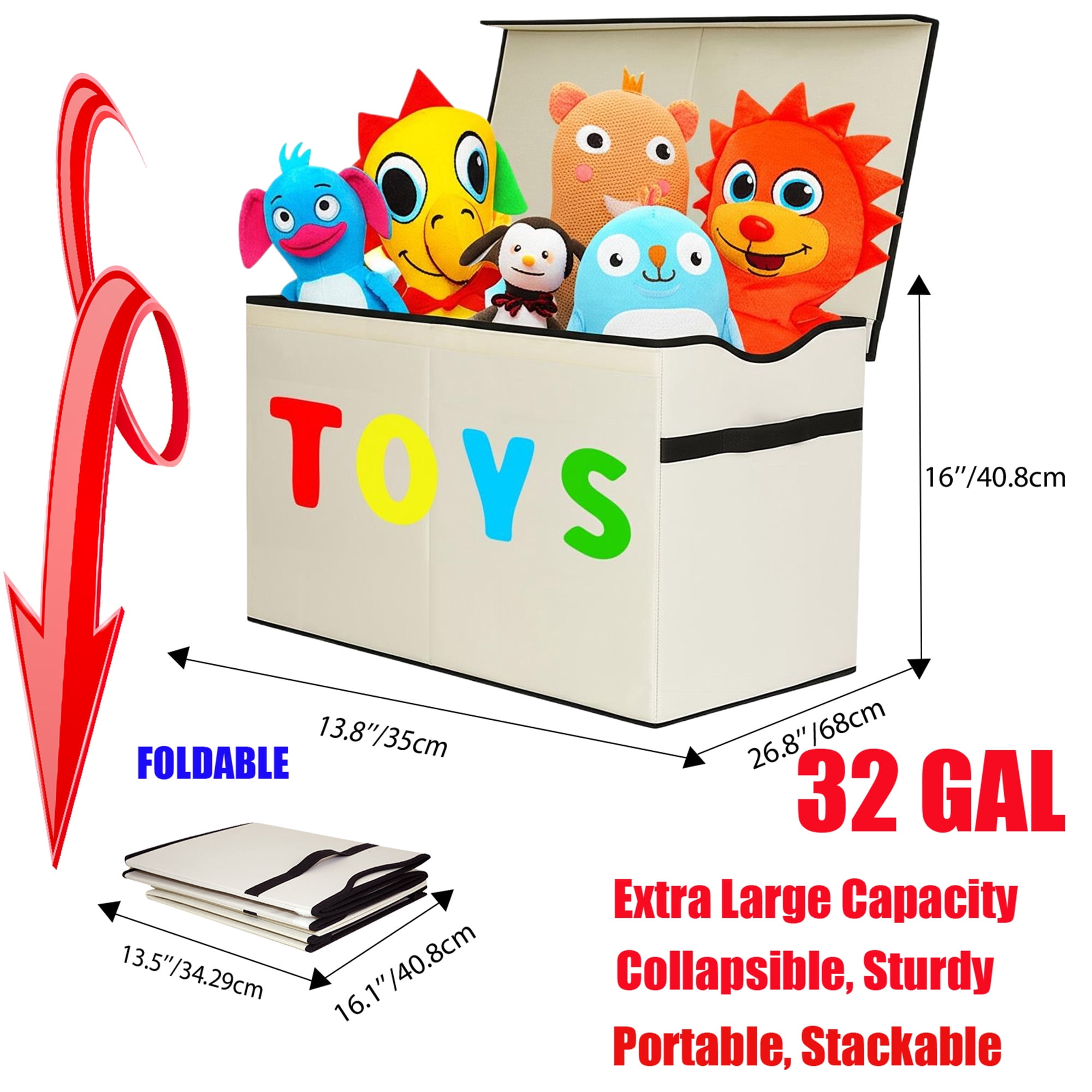 VICTORICH Large Child Collapsible Toy Storage Fabric 32 gal Kids Room Toy Chests, with 1x Extra Large Toy Storage Box with Lid, Beige