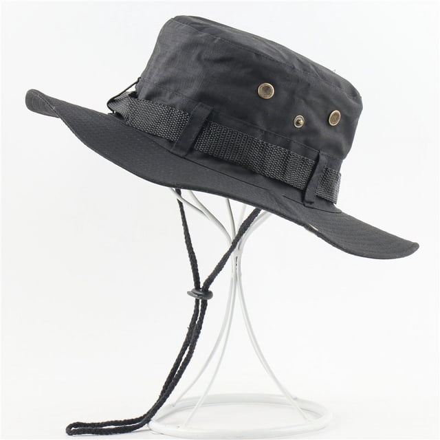 Algodón puro negro - Sombrero de sol clásico de la jungla de combate estilo militar de ala ancha para exteriores para pescar, cazar y acampar