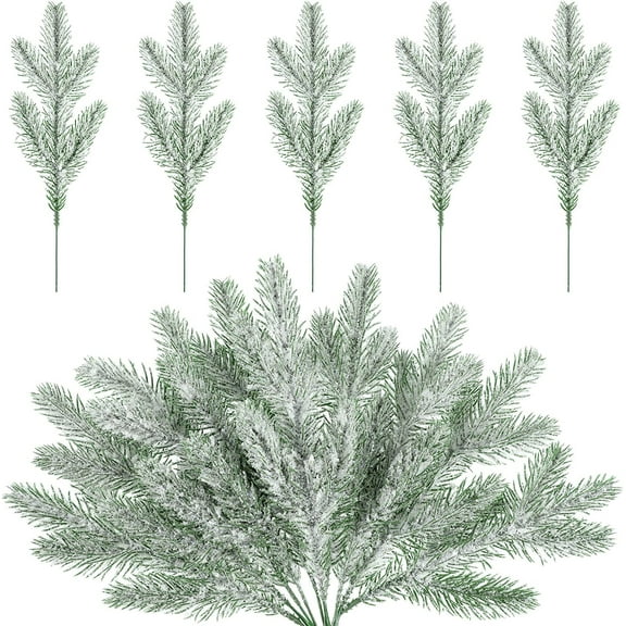 Dalrosia Snow Frosted Pine Branches Christmas Artificial Pine Leaves Branches Fake Greenery Plants Pine Sprigs Green Christmas Tree Picks Faux Greenery Stems for DIY Garland Crafts Winter Decorations