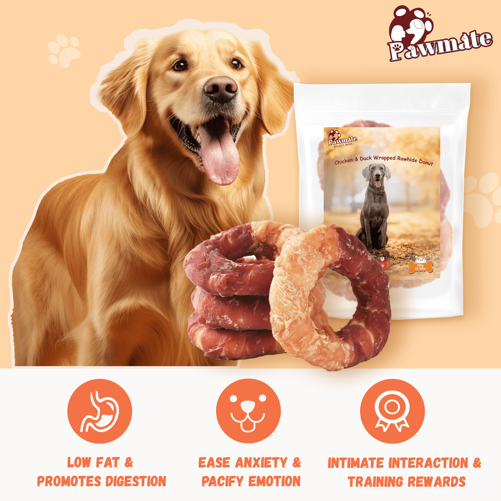 (2 pack) Pawmate Chicken & Duck Wrapped Rawhide Donut, Long Lasting Chews for Medium Large Dogs, 4 Count