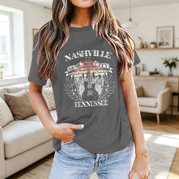Trendfront Womens Nashville Music City Graphic T Shirts Crew Neck Short Sleeve Vintage Print Country Music Fan Casual Summer Relaxed Fit Top