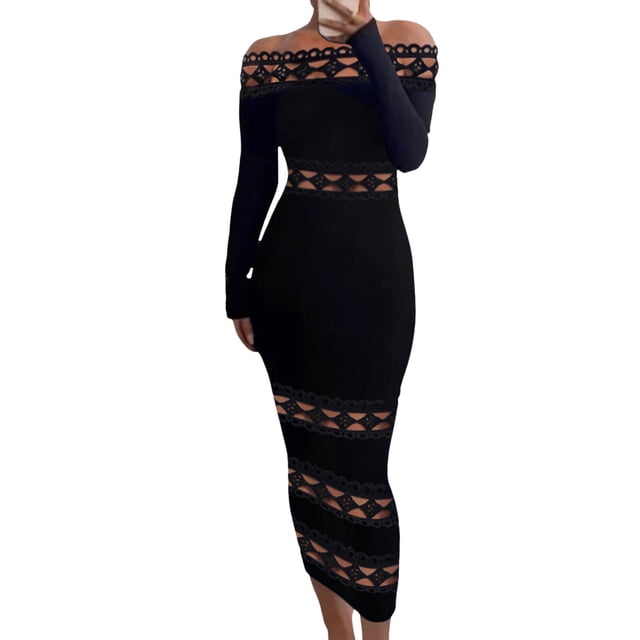 Vestido de manga larga sin hombros para mujer - Ropa sexy para salir, estilo campestre - Vestido de fiesta de poliéster con bajo acampanado