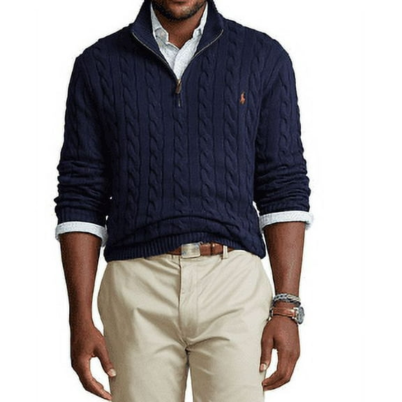 Polo Ralph Lauren Men's Navy Big & Tall Cable-Knit Cotton Quarter Sweater, 4LT