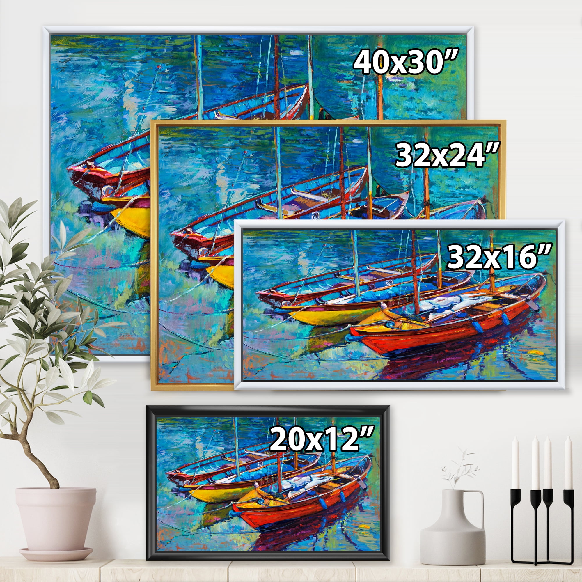 Designart 'Three Colorful Boats In The Harbor' Nautical & Coastal Framed Canvas Wall Art Print