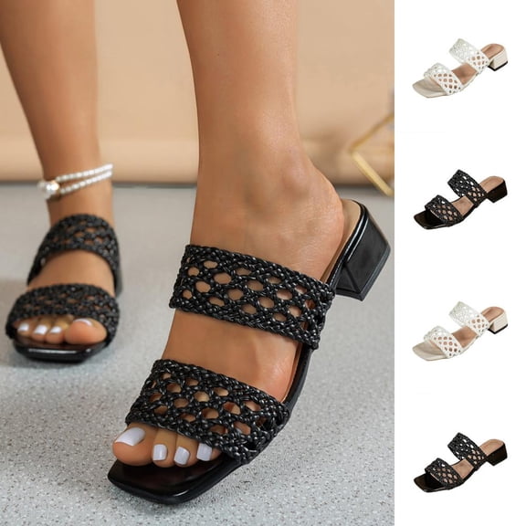 Bxsruta Women's Low Block Heel Slide Sandals with Breathable Crochet Mesh for Casual Slip-On Comfort