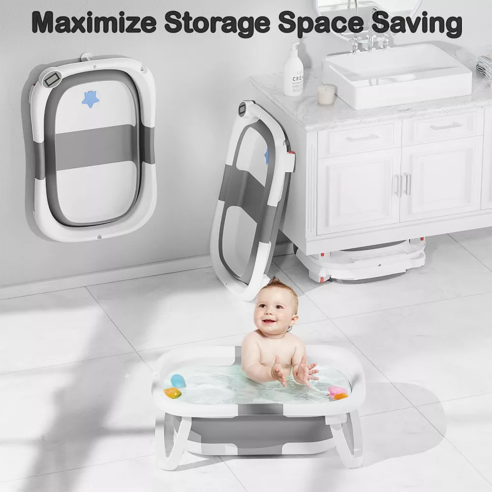 Tumajup Collapsible Baby Bathtub with Soft Bath Cushion&Thermometer Gray