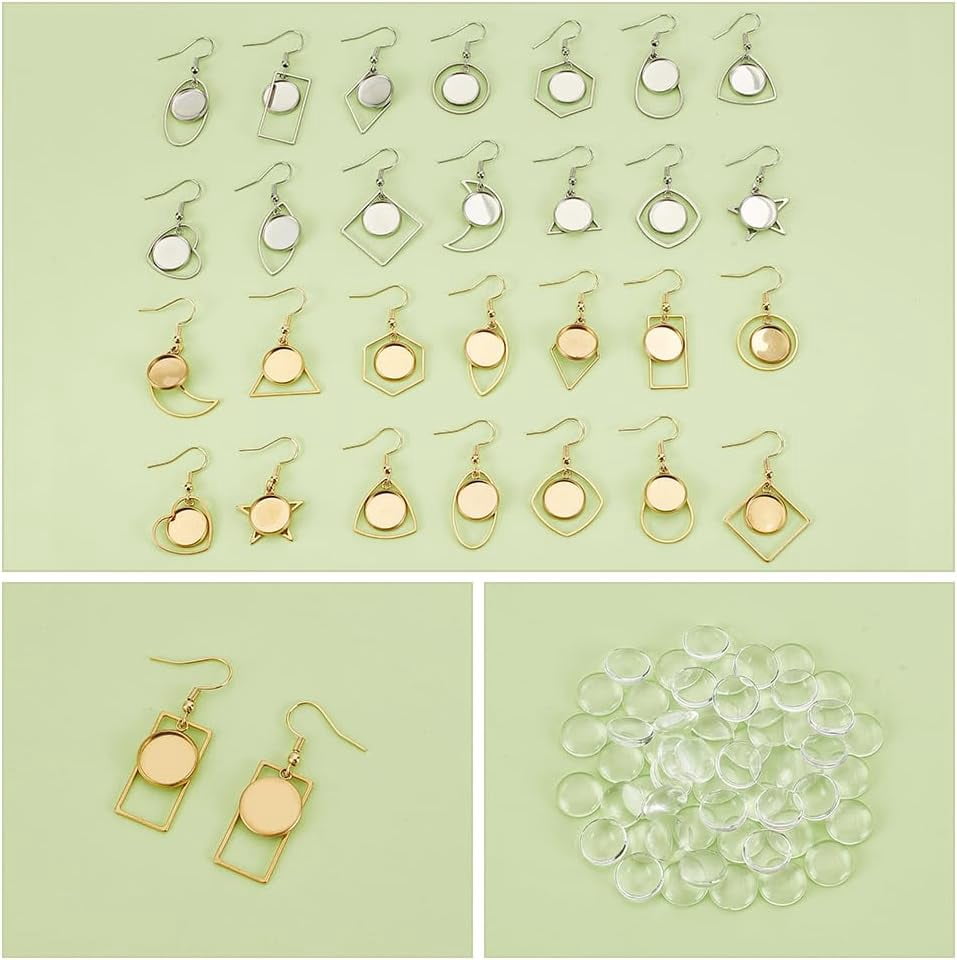 28 Pairs Stainless Steel Earring Blank Settings 14 Styles Stainless Steel Dangle Earring Making Kit with Glass Cabochons 45mm Blanks Pendant with Clear Dome for Jewelry DIY Making