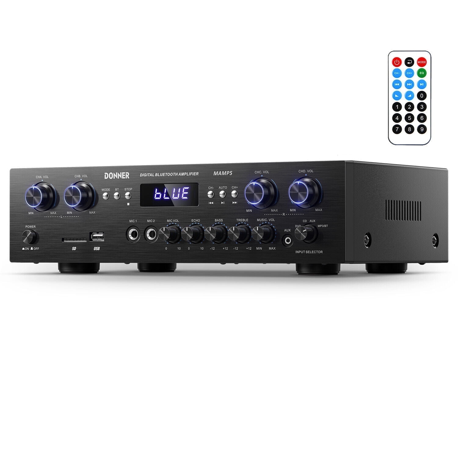 Donner Stereo Receiver 4 Channel 1000W Peak Power Home Theater Amp Amplifier USB SD, for Outdoor Speakers Karaoke