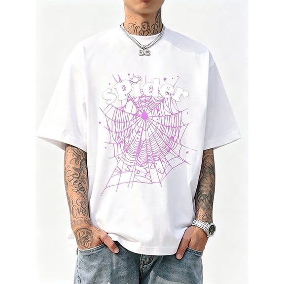 Men's White Oversized Spider Web Graphic T-Shirt, Crew Neck Short Sleeve Casual Top