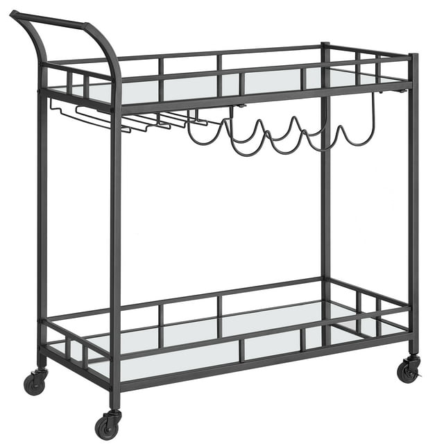 Carro de Bebidas, Carrito de Bar, Carro de Servicio con 2 Estantes de Espejo, Portavasos, Portavinos, para Comedor, Bar de Casa, Cocina, Negro