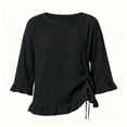 thumbnail image 4 of thefmos Women's Fall 3/4 Sleeve Ruffle Blouses Round Neck Drawstring Ruched Tops Casual Boho Pullover Shirts Solid Fashion Clothes for Vacation, Black L, 4 of 6