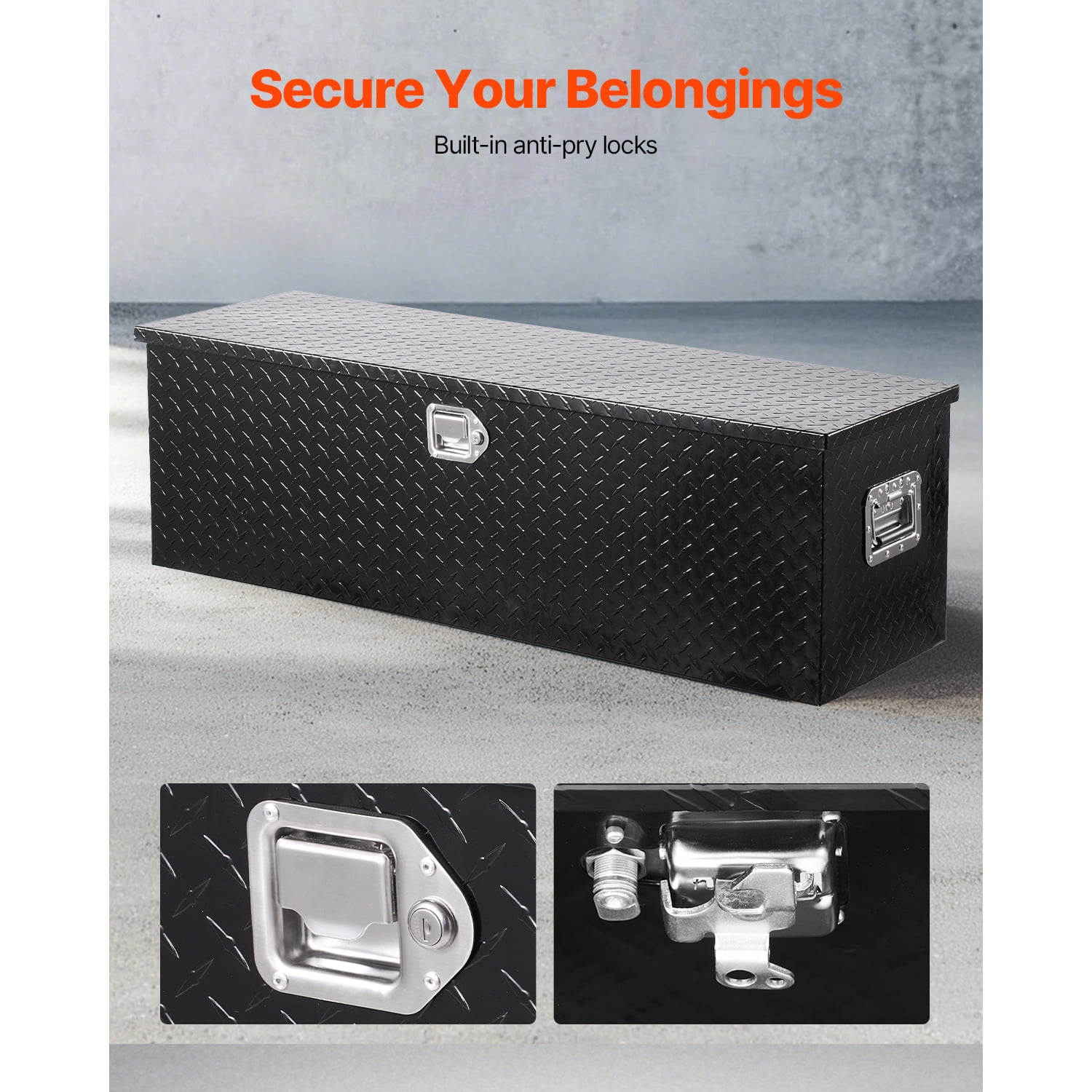 KFFKFF Heavy Duty Aluminum Truck Bed Tool Box, Diamond Pattern Storage Chest with Side Handles and Lock Keys, Organizer for Trailers, Pickups, Truck Beds, RVs, 49"x15"x15", Black