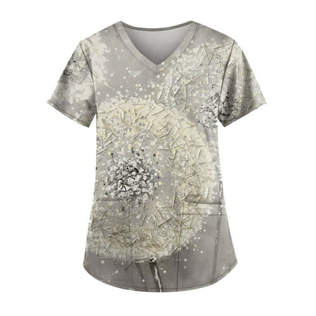 

Apepal Women Printing Short Sleeve V-neck Scrub Tops Working Pocket Blouse