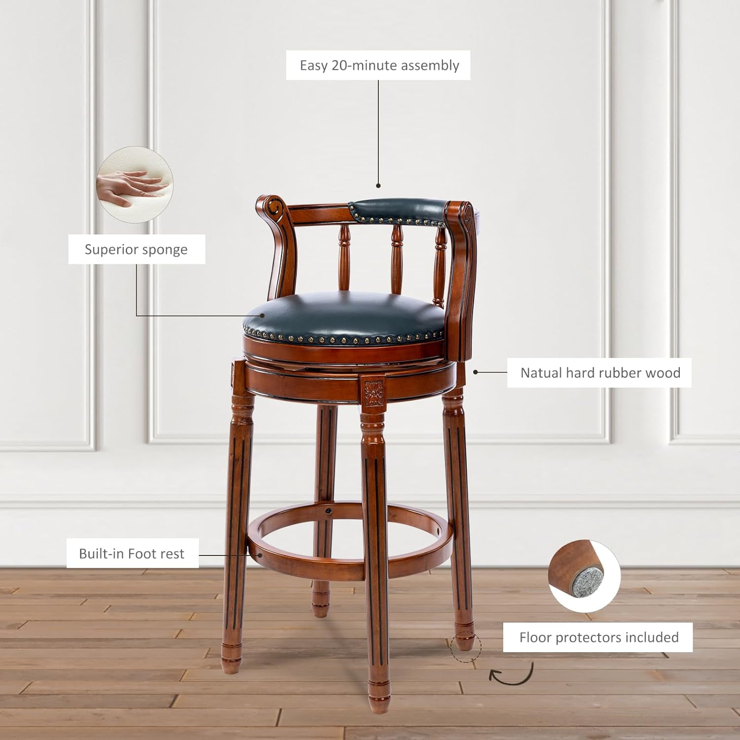 Aulife Bar Stools Genuine Leather Counter Height barstool Wooden Swivel kitchen Stool with Footrest for Kitchen Dining Room(navy seat, Counter-29.5" seat height)