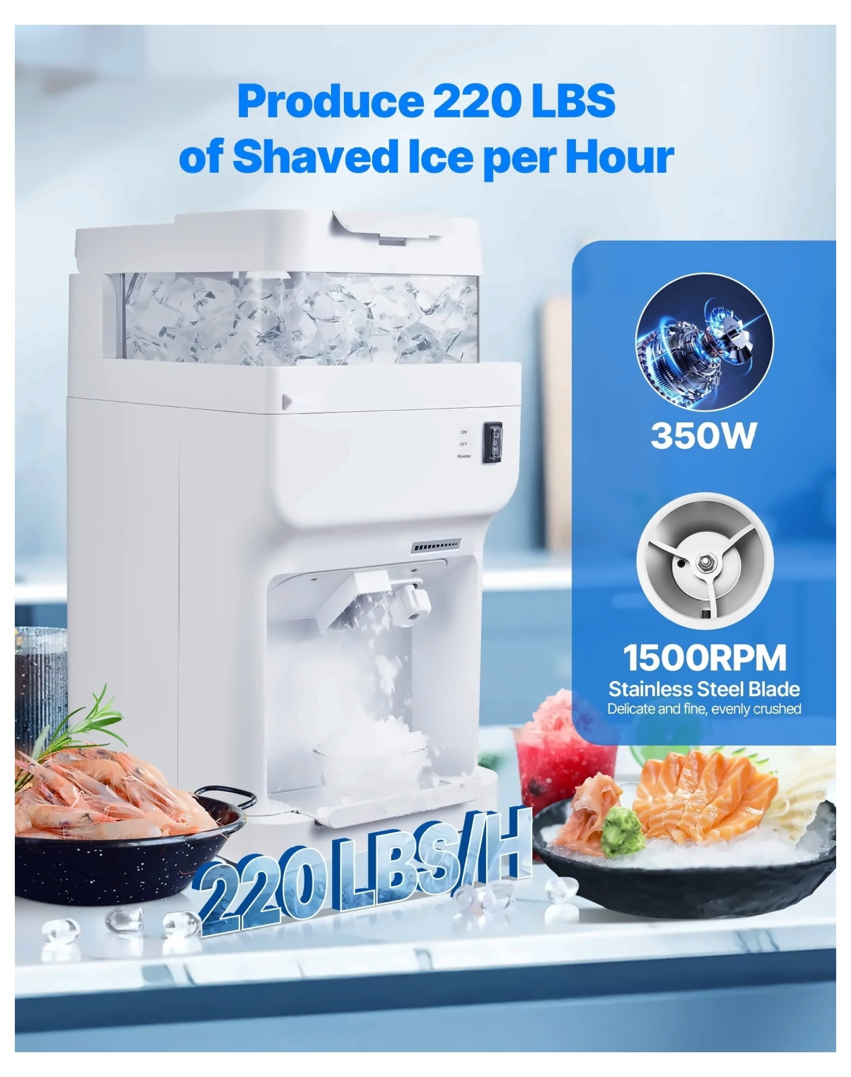Commercial Ice Shaver 220LBS/H Electric Ice Crusher Snow Cone Maker White