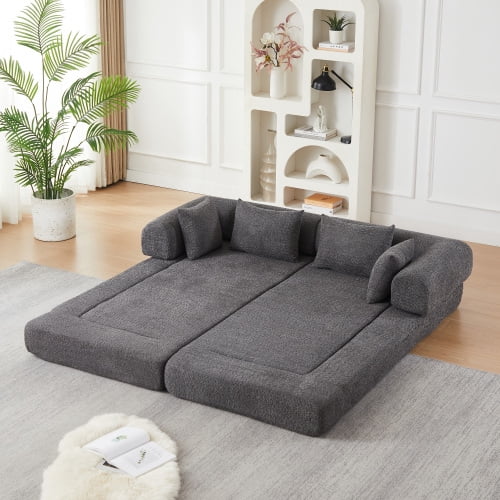 78.9-Inch Convertible Sleeper Sofa, Stain-Resistant Chenille Folding Mattress, DIY Modular Floor Lounge with Removable Armrests, Grey