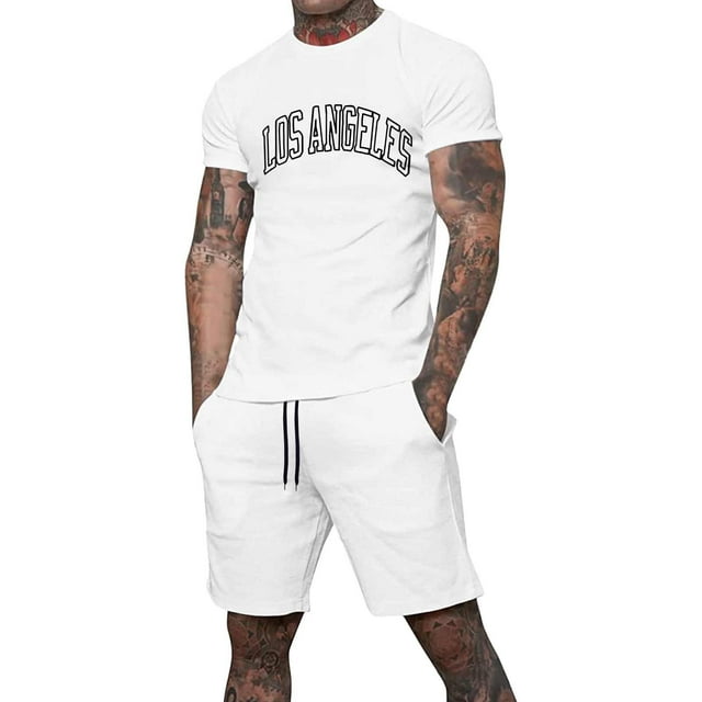toraway Fashion Mens Suits Grey Mens Round Neck Pullover Short Sleeve T Shirt Drawstring Shorts Suit Two Piece Suit M