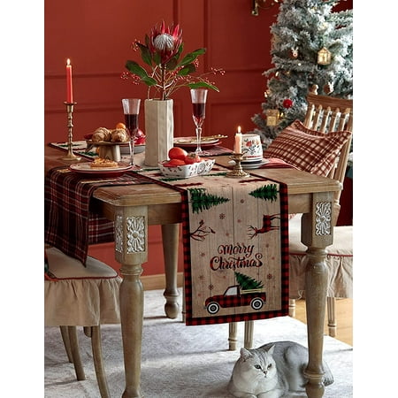 Red Plaid Wooden Texture Truck With Tree Snowflake Ugly Print For Dining Room Kitchen Living Party Table Decor Canada Red Plaid Wooden Texture Truck With, Red Dining Table Centerpiece
