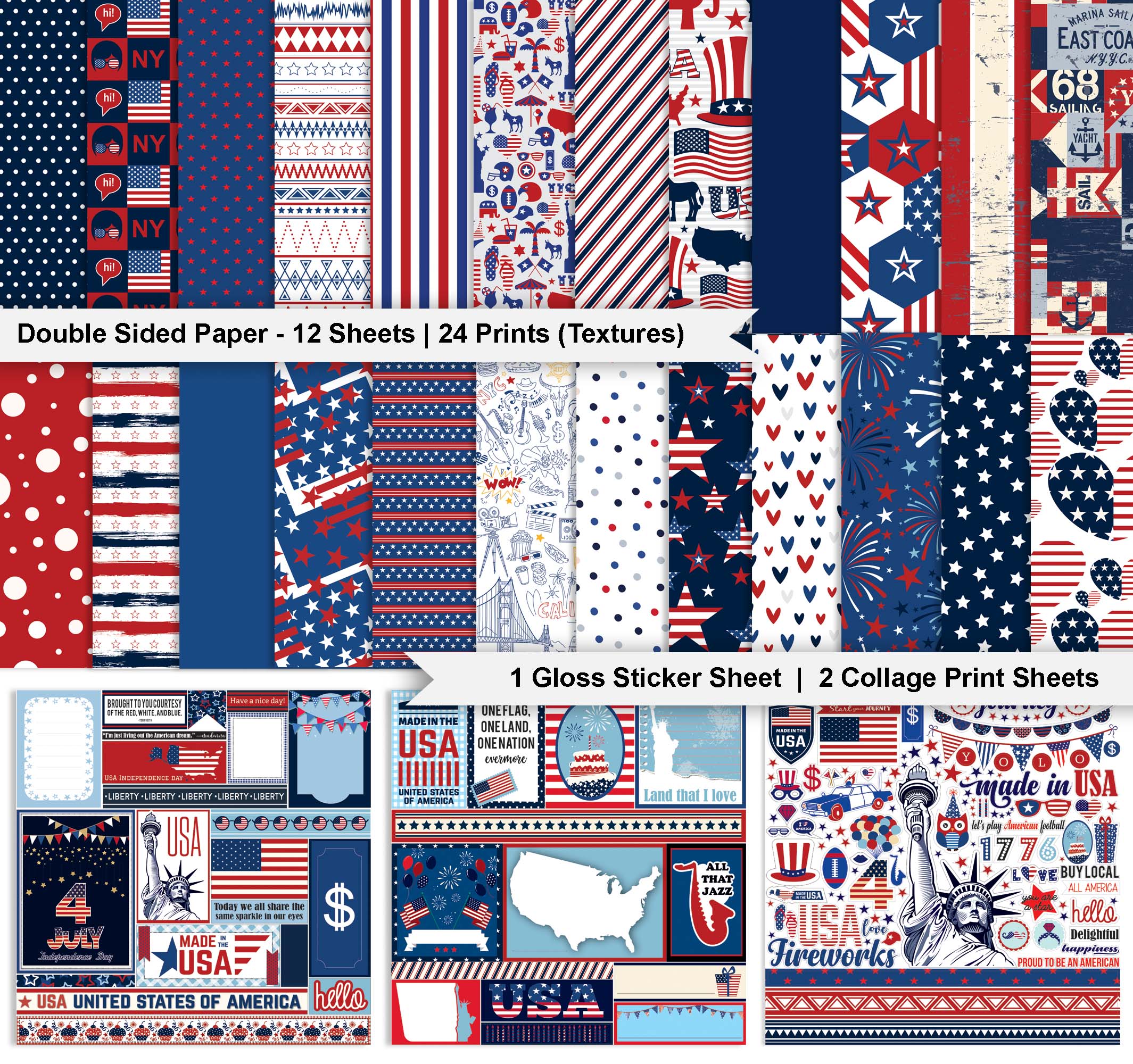 Inkdotpot I Love America Collection Double,Sided Scrapbook Paper Kit Cardstock 12"x12" Card Making Paper Pack Of With Sticker Sheet - 16 Pages - Multicolor