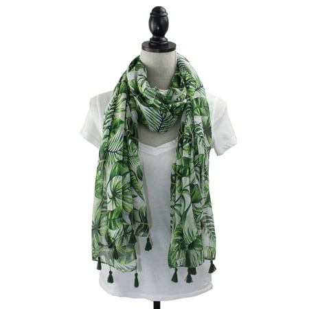 Pima Cotton Scarf - Womens Cozy Tassels Oblong Cotton Scarf Lightweight Shawls Wrap (Tropical Leaf/Green)
