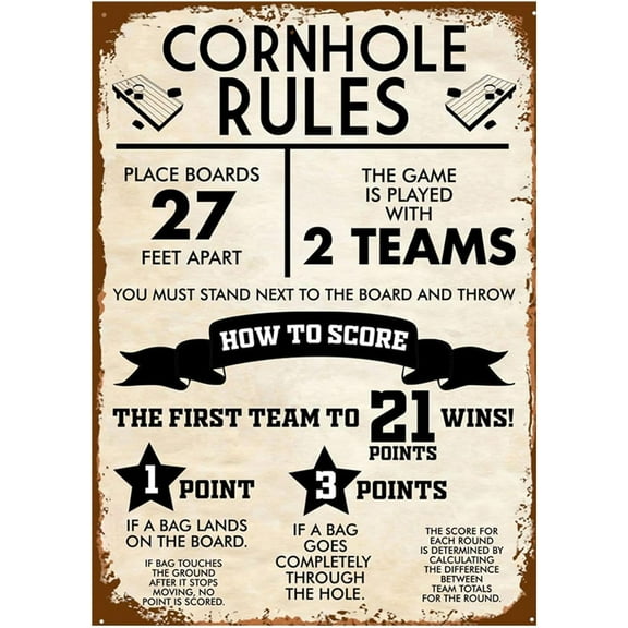 Cornhole Rules Sign Retro Vintage Metal Games Tin Signs Funny Classic Cornhole Board Decor Poster Man Cave Wall Art 8x12 Inch
