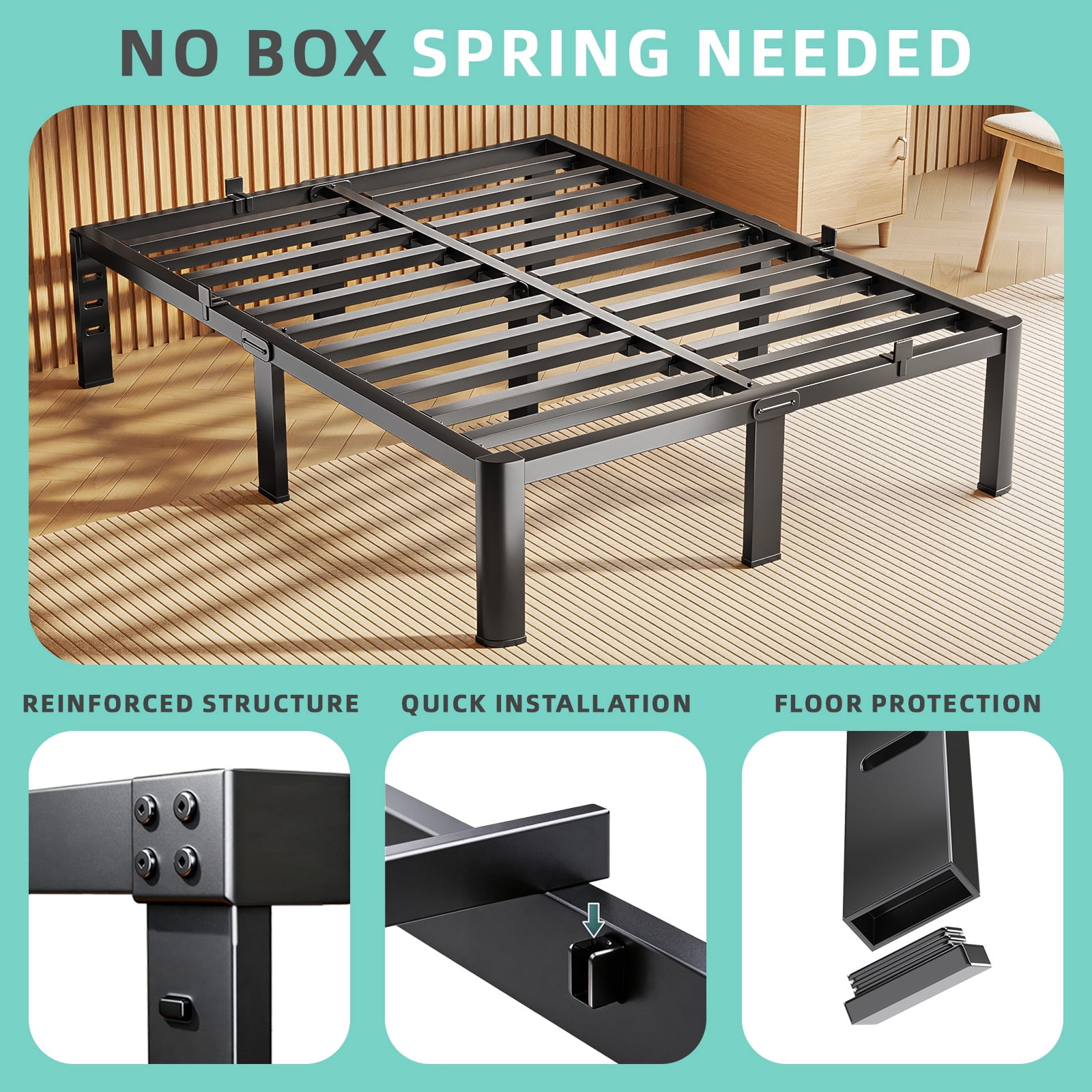 Fowroa 14 inch Queen Size Bed Frame Metal Platform with Underbed Storage No Box Spring Needed Easy Assembly