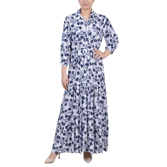 NY Collection Petite 3/4 Sleeve Crinkle Tiered Maxi Dress White Navy Floral PS