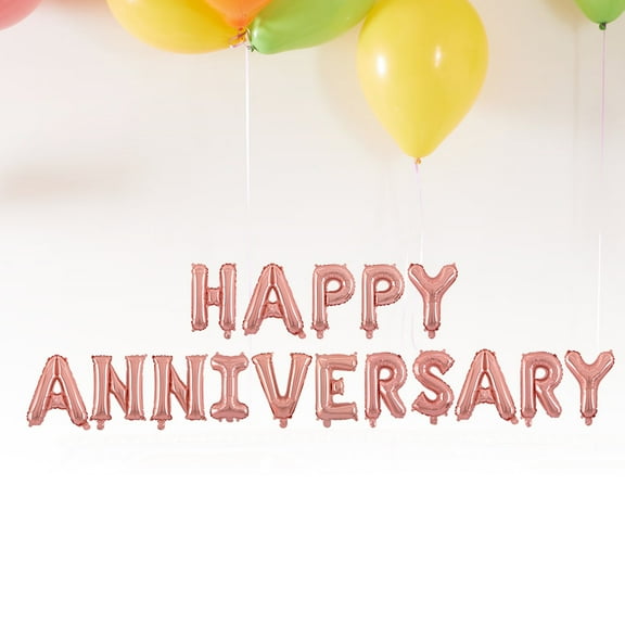 FESTFENDS 1 Set Happy Anniversary Letters Balloons Rose Gold Round Aluminum Foil Decoration for Wedding and Parties