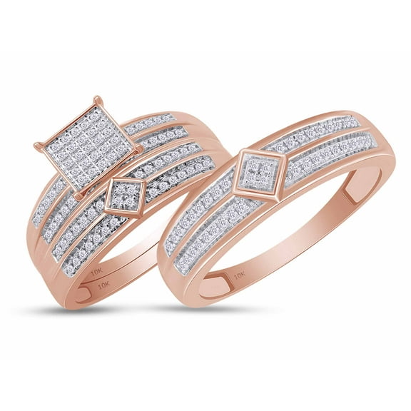 AFFY White Natural Diamond Wedding & Engagement Trio Band Ring Set In 10k Rose Gold (0.43 Cttw), Ring Size - 4