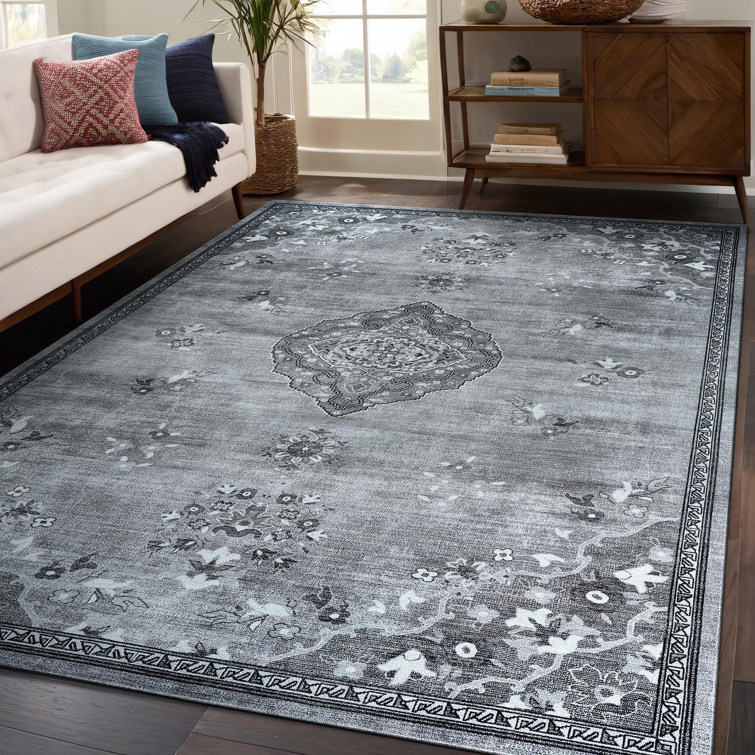 Beverly Rug Machine Washable Easy Cleaning Indoor Non-Slip Rugs Gray / Dark Gray 4'x6'