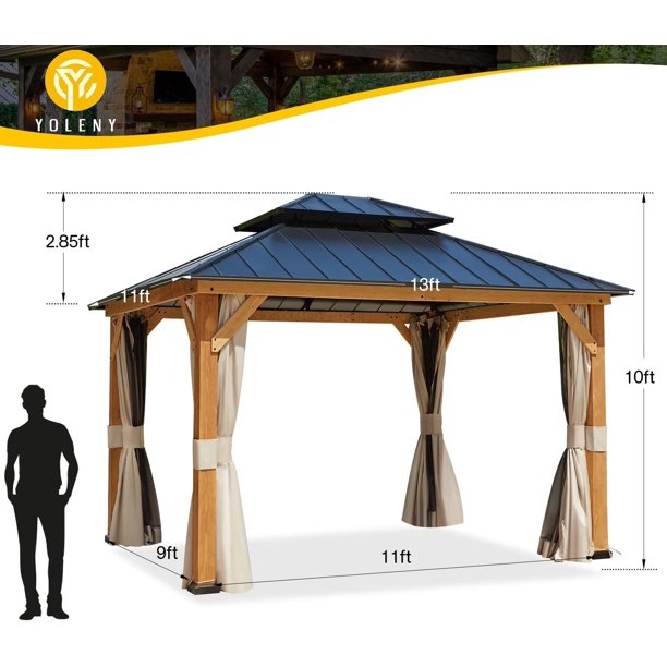 Richryce 13' x 11' Hardtop Wooden Gazebo,Double Roof Patio Gazebo with Cedar Wood Frame & Galvanized Steel Top, All-Weather r for Garden, Patio, Lawns - image 5 of 6