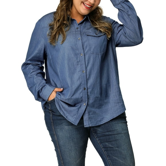 Agnes Orinda Women's Plus Size Denim Shirt Long Sleeves Button Down Chambray Shirts with Pocket 5X Blue