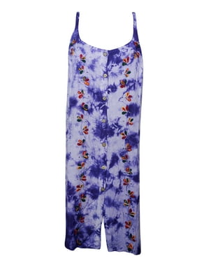 Mogul Womens Tie Dye Shift Dress Purple Floral Embroidered Button Front Comfy Dresses