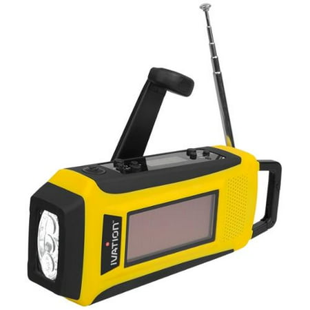 Ivation Solar Crank NOAA Weather Emergency Radio, LED Flashlight, Smartphone Charger with Cable, Rechargeable, Rainproof, & Compact