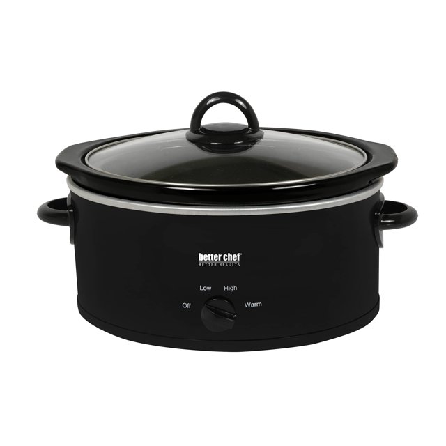Better Chef Oval Slow Cooker | 3-Quart | 3-Tempature Settings | Side Handles | Glass Lid | Enamel Stoneware Insert (Black)