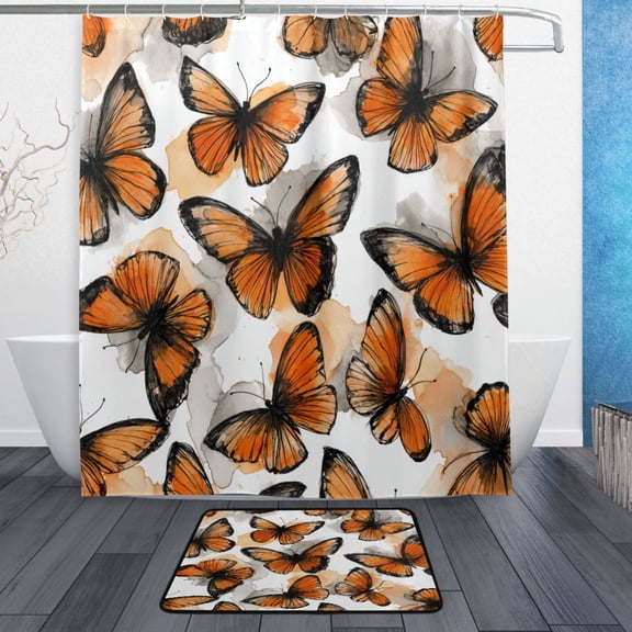TTYFWHD 60" x 72" Shower Curtain and Bath Mat Set Orange Sketch Butterfly Pattern Waterproof Bathroom Curtain with 12 Hooks, Bathroom Decor Set