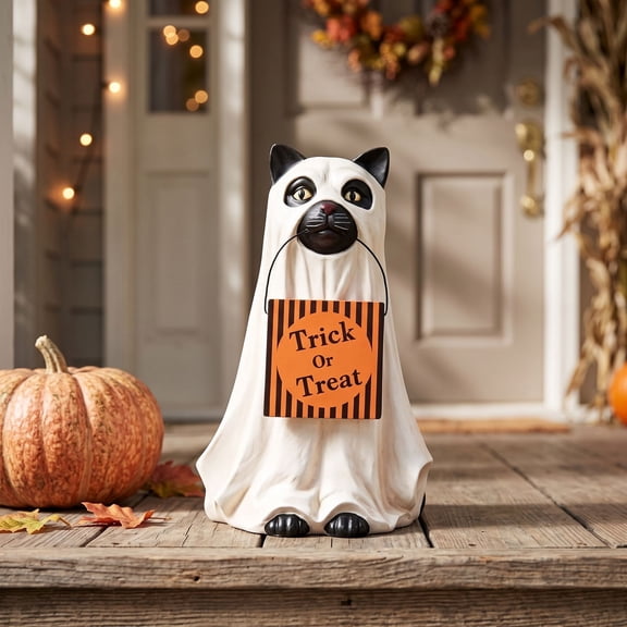 Halloween Ghost Cat Resin Figurine, Trick Or Treat Cute Spooky Tabletop Statue, Indoor Outdoor Halloween Decorations, Ghost Costume Cat Shelf Mantel Ornament for Fall Party Home Entryway Decor