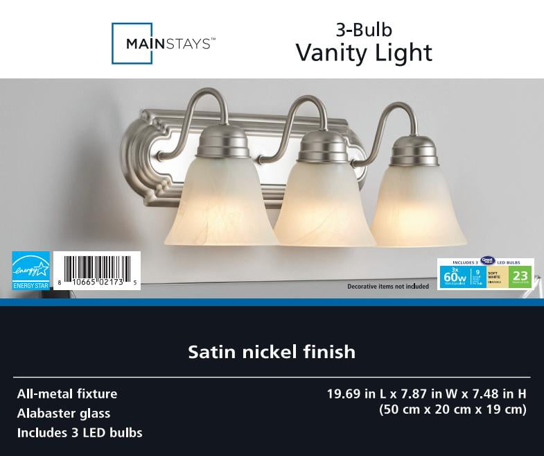 Mainstays 3-Light Traditional Vanity Light, Satin Nickel
