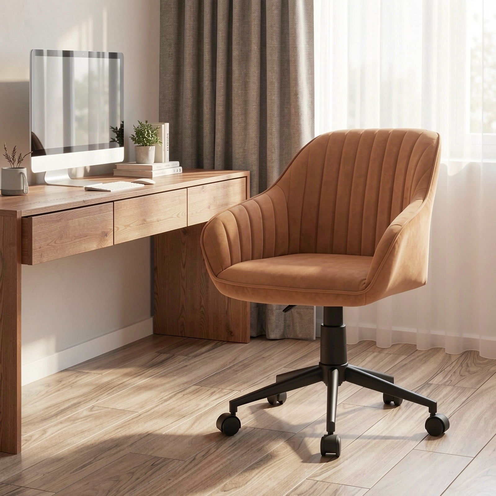 Furnibear Modern Home Office Chair Ergonomic PU Leather Swivel Task Chair Adjustable Height Computer Desk Chair with Curved Backrest, Brown