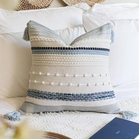 

Coastal Blue Boho Decorative Throw Pillow Cover 16x16 Modern Bohemian Accent Pillow Case Square Woven Textured Farmhouse Pillows for Couch Bed (Pack of 2)