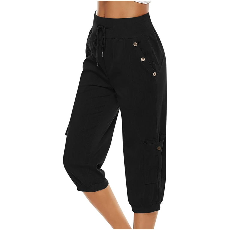 JWZUY Women's Plus Size Drawstring Cargo Capri Pant Lightweight Cotton  Linen Cropped Jogger Pants Summer Pants with Pocket 1-Black Large 