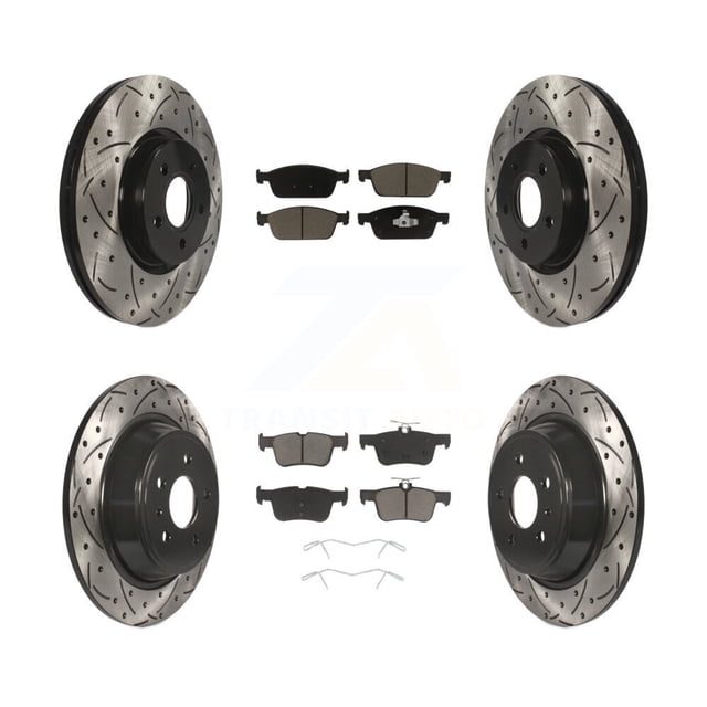Transit Auto Front Rear Coated Drilled Slotted Disc Brake Rotors and Ceramic Pads Kit for Car Ford Escape Lincoln MKC KDC-100352